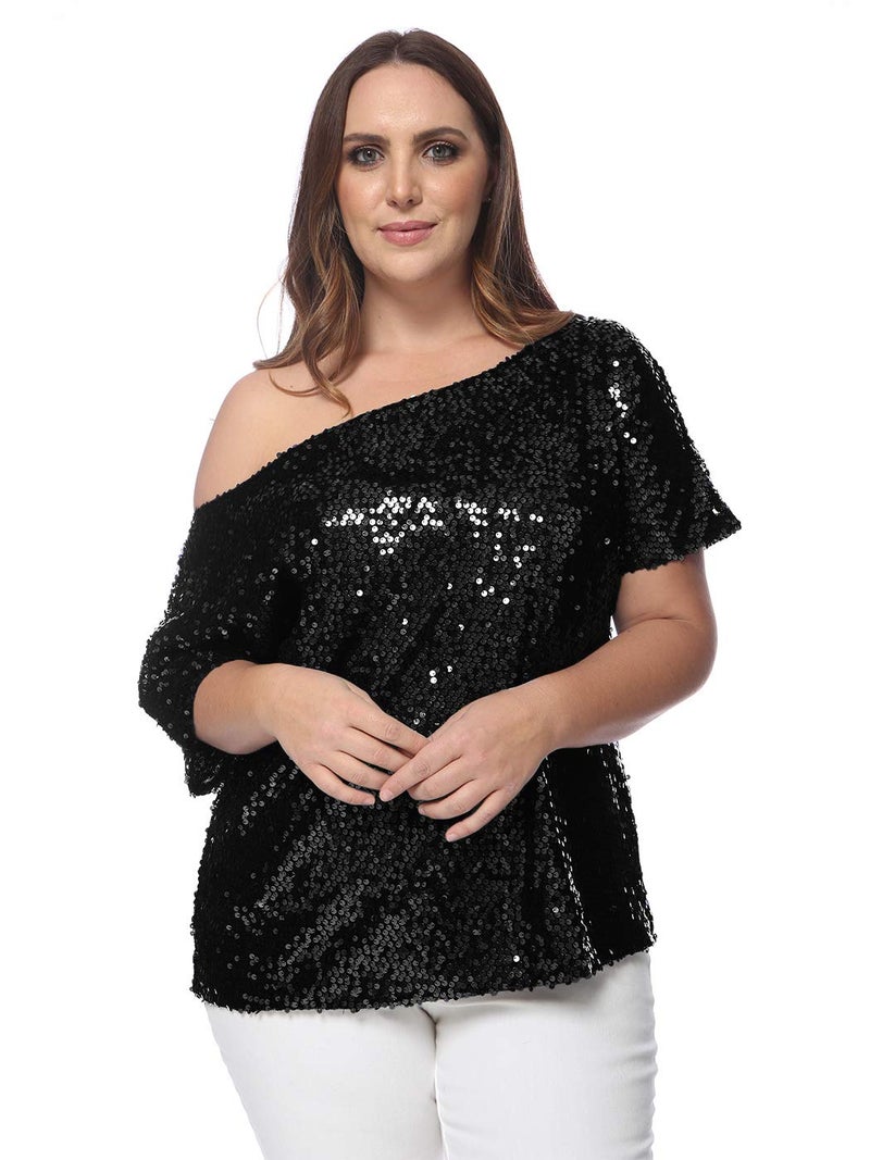 Anna-Kaci Women's Plus Size Sequin Sexy One Shoulder Short Sleeve Party Club Top, Black, 2X-Large - Image 1